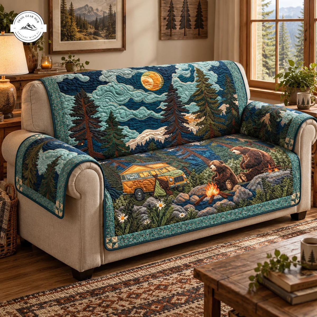 Rustieke Beer & Camping Scène Gequilt Sofa TG105