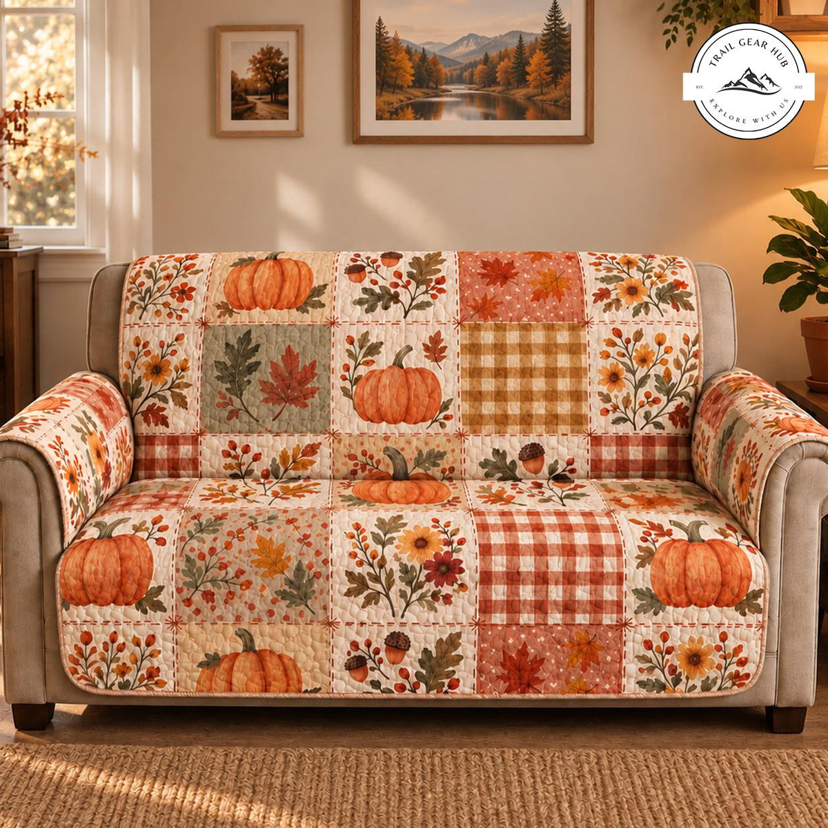 Gezellige Herfst Pompoen & Ruit Gequilt Sofa TN98