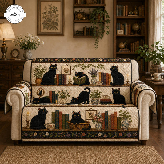 Gezellige Zwarte Kat & Boekenplank Gequilt Zitbank TP37