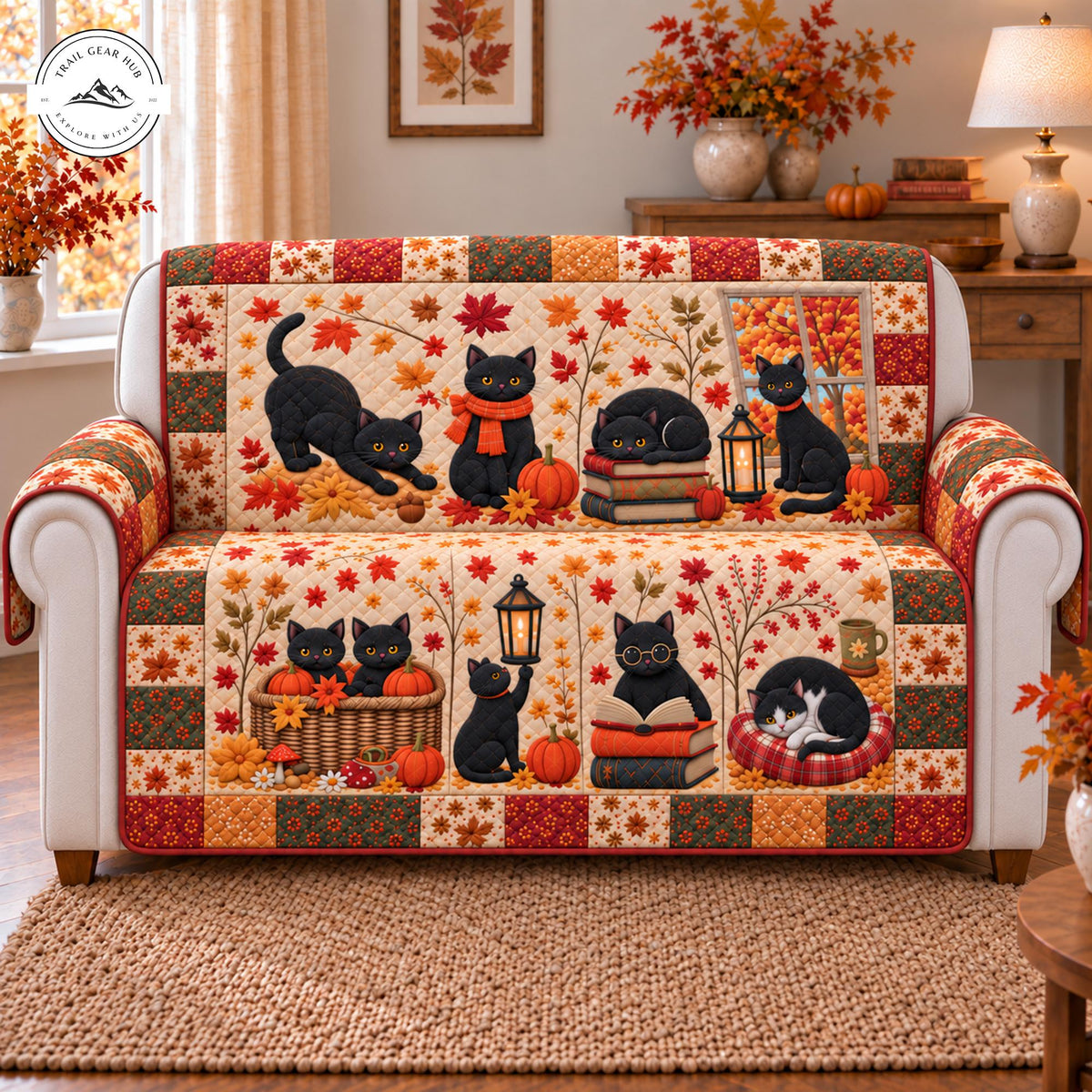 Herfst Zwarte Kat & Pompoen Gequilt Stoelbank TP95