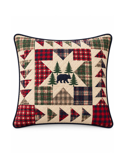 Black Bear Plaid Star Woodland Quilted Pillow Cover