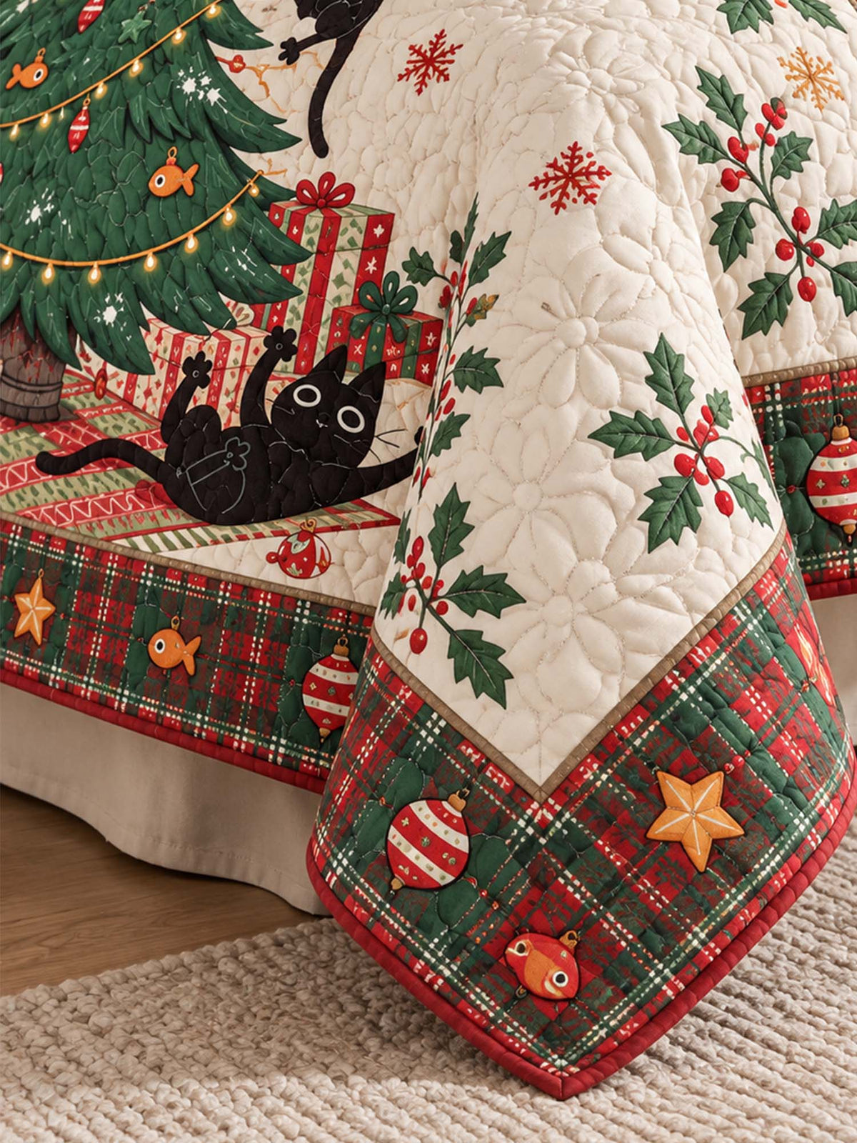Playful Black Cats Christmas Tree Quilted 3-Piece Bedding Set