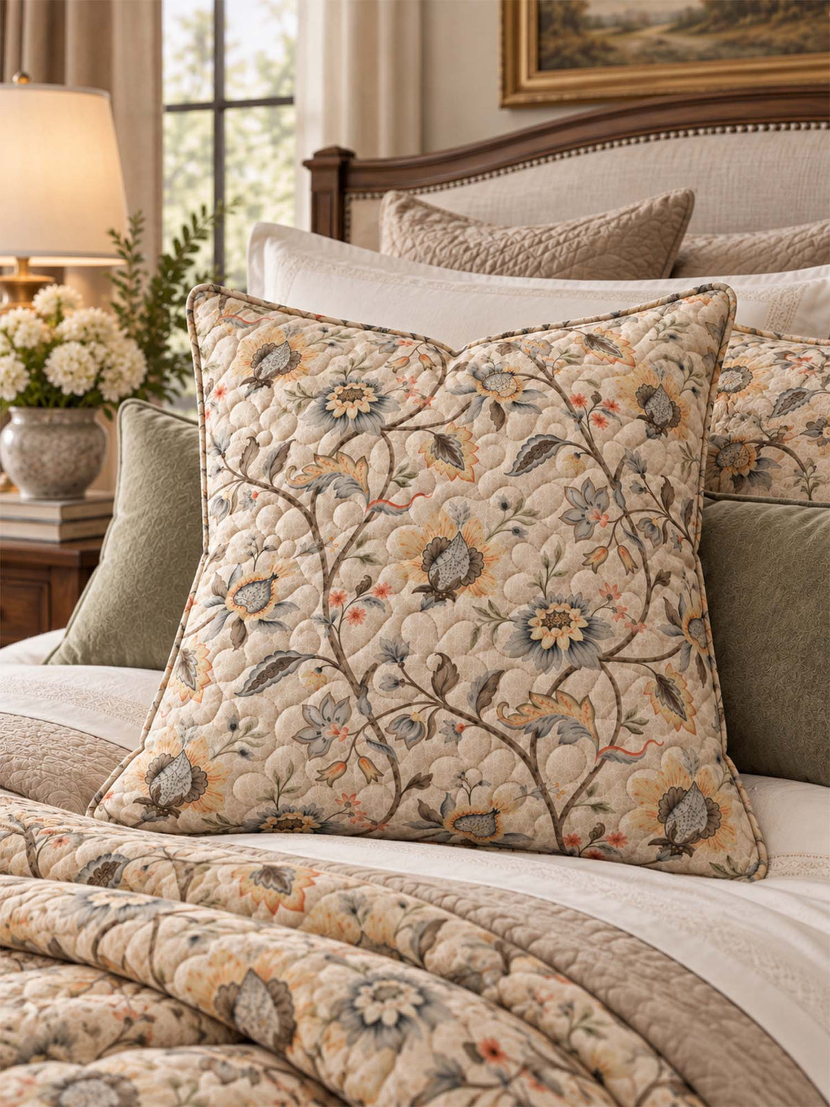 Vintage Botanical Floral Quilted Pillow Cover