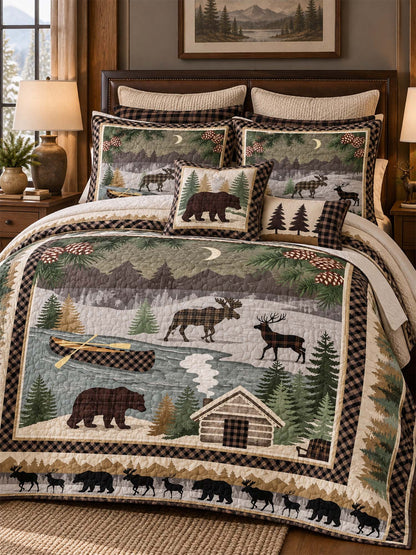 Woodland Bear and Moose Patchwork Quilted 3-Piece Bedding Set
