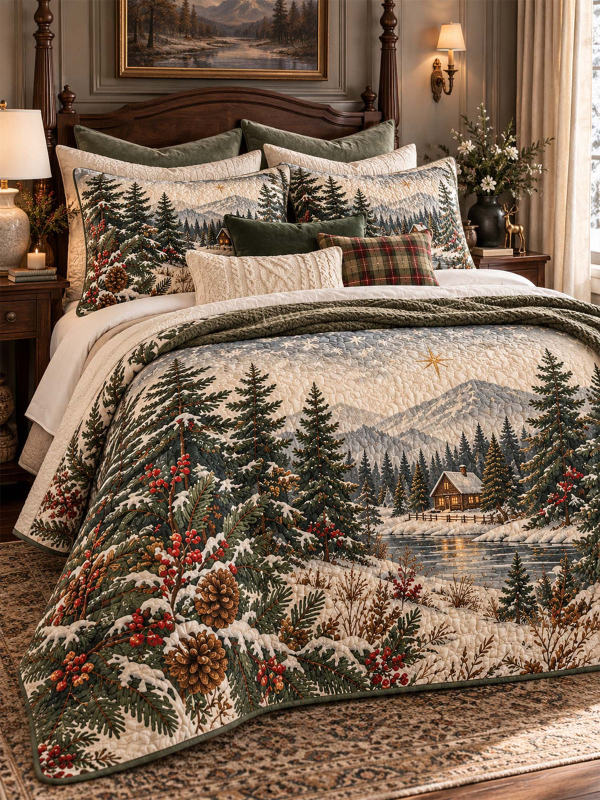 Winter Cottage Pine Forest Quilted 3-Piece Bedding Set