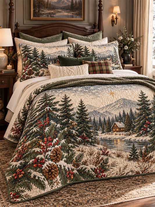 Winter Cottage Pine Forest Quilted 3-Piece Bedding Set