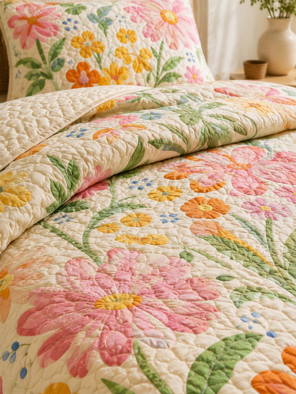 H.PAI Colorful Wildflower Meadow Quilted 3-Piece Bedding Set