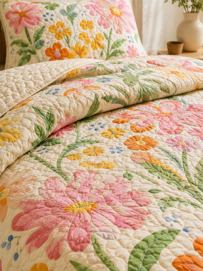 H.PAI Colorful Wildflower Meadow Quilted 3-Piece Bedding Set