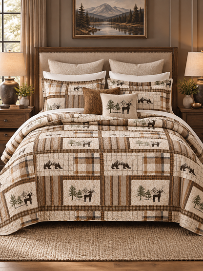 Moose and Deer Forest Plaid Quilted 3-Piece Bedding Set