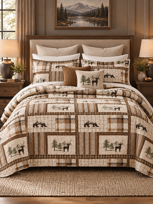 Moose and Deer Forest Plaid Quilted 3-Piece Bedding Set