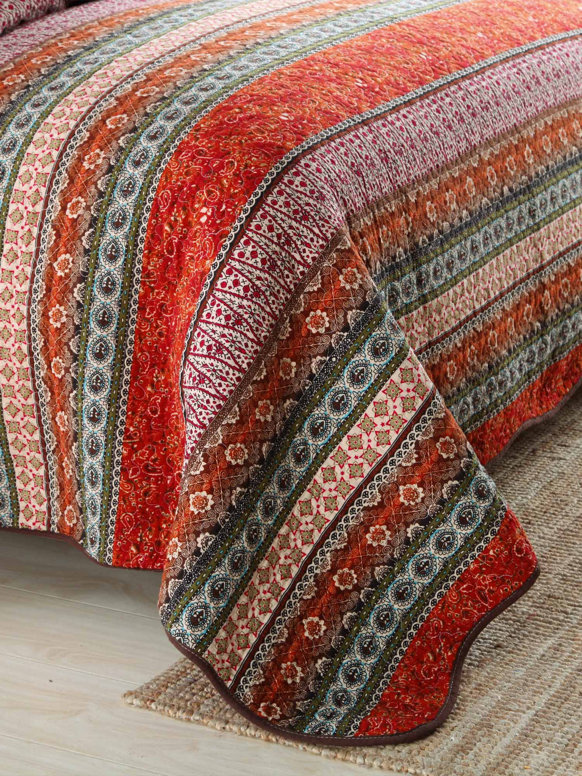 Rust Orange Bohemian Striped Patchwork Quilted 3‑Piece Bedding Set