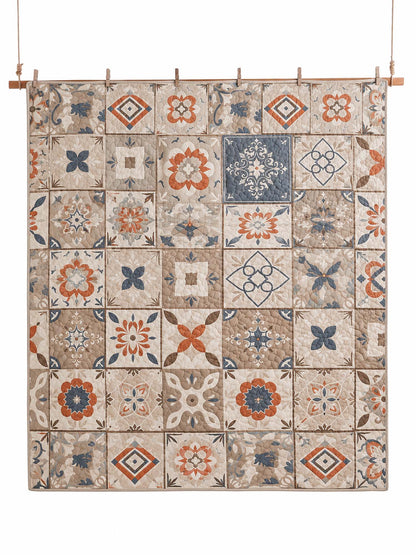 Terracotta Blue Mosaic Tile Patchwork Quilted 3-Piece Bedding Set