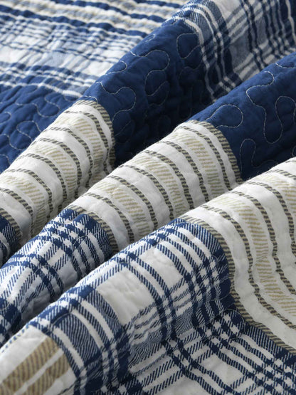Blue Grey Buffalo Check Patchwork Quilted 3‑Piece Bedding Set
