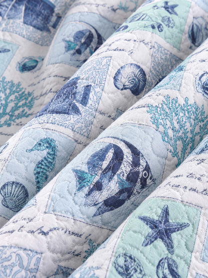 Coastal Marine Life Reversible 100% Cotton Quilted 3-Piece Bedding Set