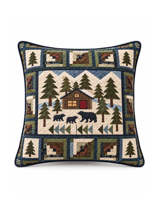 Bear Cabin Woodland Patchwork-Style Quilted Pillow Cover