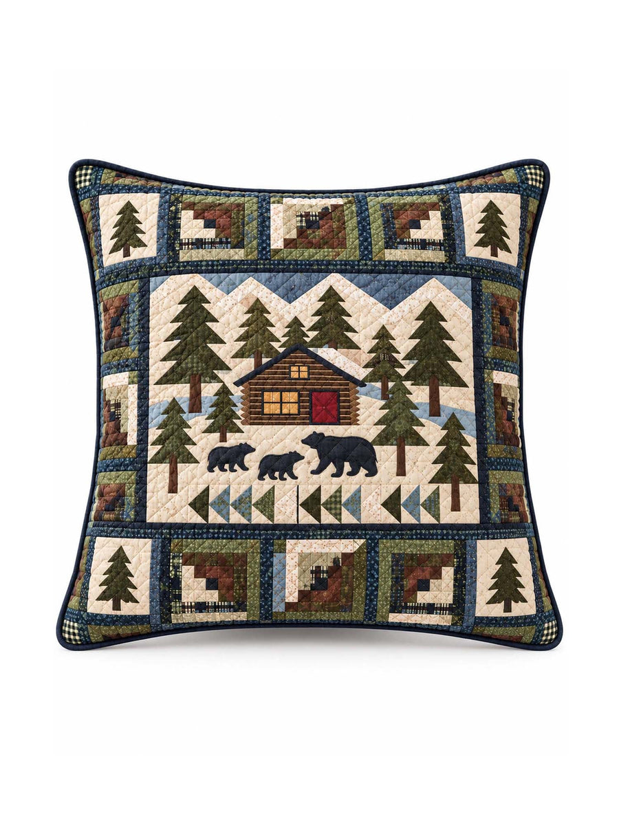 Bear Cabin Woodland Patchwork-Style Quilted Pillow Cover