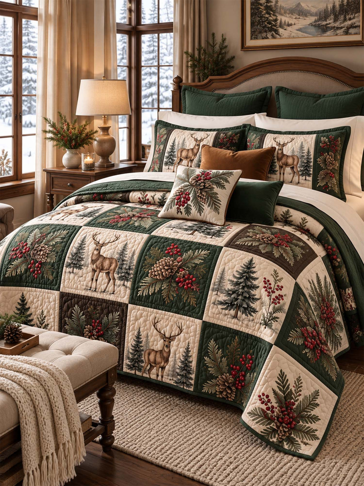 Christmas Deer & Pinecone Forest Quilted 3-Piece Bedding Set