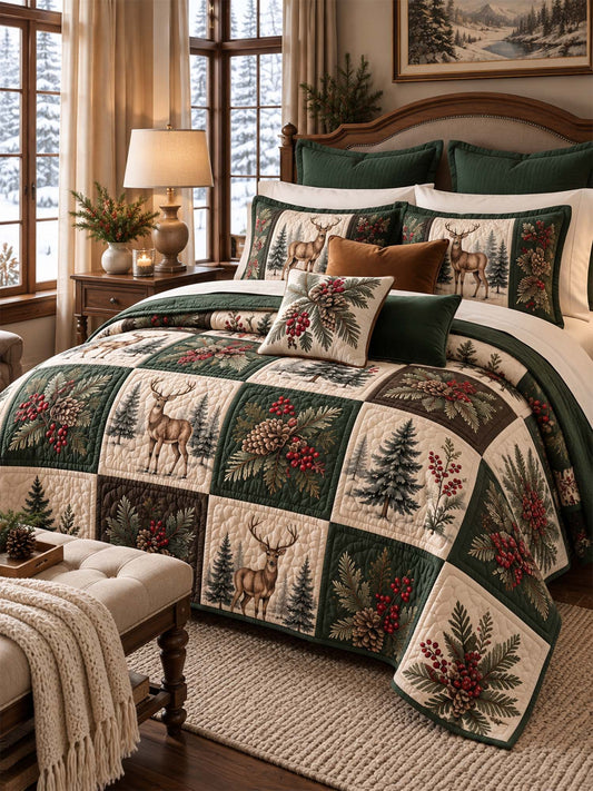 Christmas Deer & Pinecone Forest Quilted 3-Piece Bedding Set