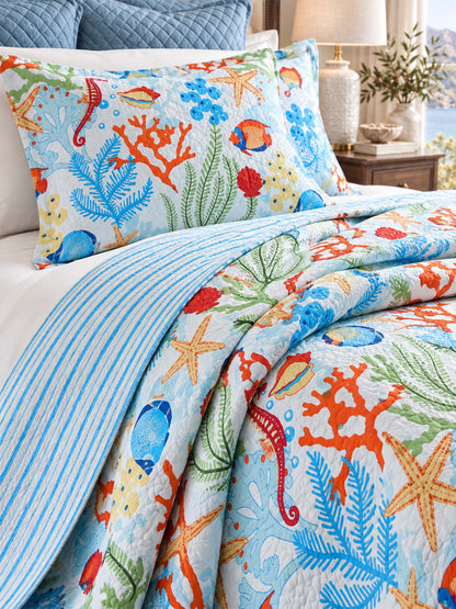 Coastal Coral Reef Reversible 100% Cotton Quilted 3-Piece Bedding Set