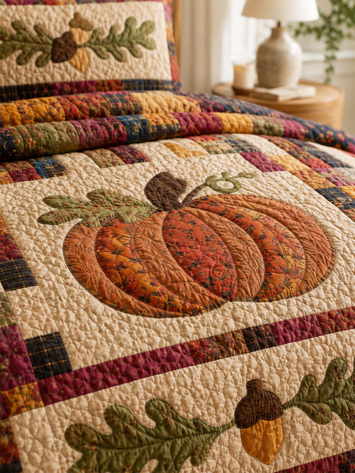 H.PAI Pumpkin Acorn Harvest Patchwork Quilted 3-Piece Bedding Set