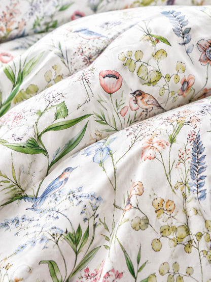 Vintage Botanical Floral Bird 100% Cotton 3-Piece Duvet Cover Bedding Set