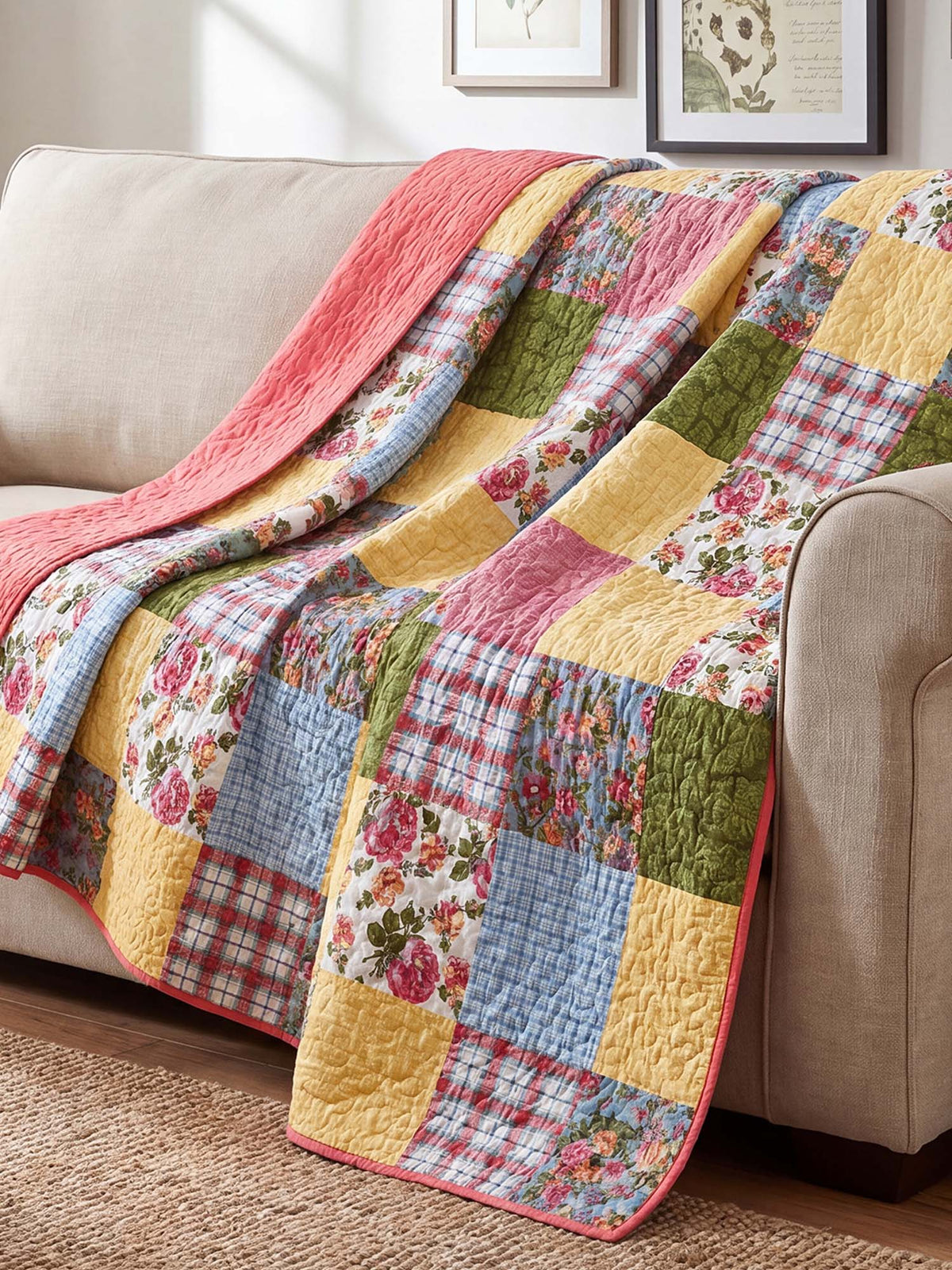 Cottage Rose Patchwork Quilted 3-Piece Bedding Set