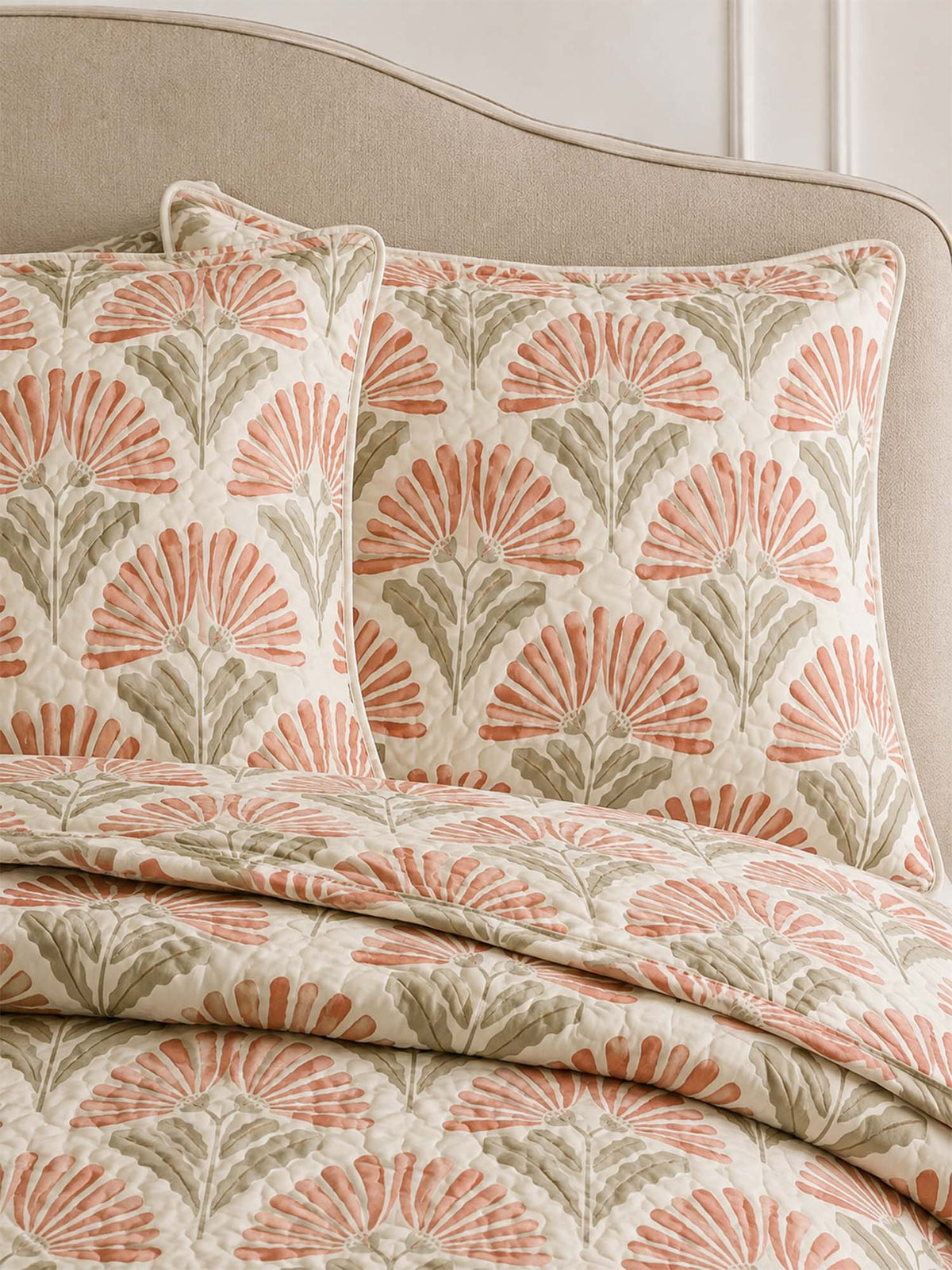 H.PAI Coral Botanical Bloom Quilted 3-Piece Bedding Set