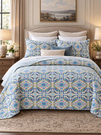 Pastel Blue Botanical Medallion Reversible 100% Cotton Quilted Bedding Set