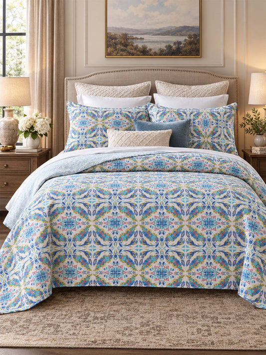 Pastel Blue Botanical Medallion Reversible 100% Cotton Quilted Bedding Set