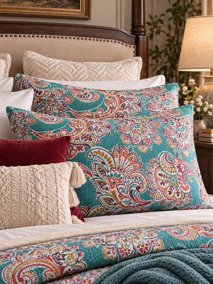 Turquoise Paisley Boho 100% Cotton Quilted Bedding Set