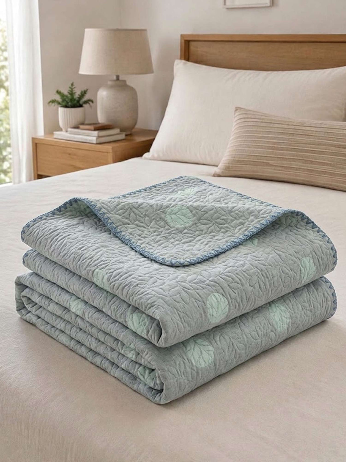 Vintage Sage Green Leaf Jacquard Quilted Throw Three‑Layer Gauze Cotton Blanket