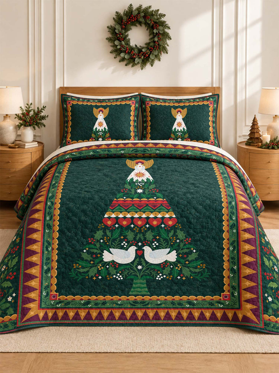 Folk Art Angel Christmas Tree Quilted 3-Piece Bedding Set