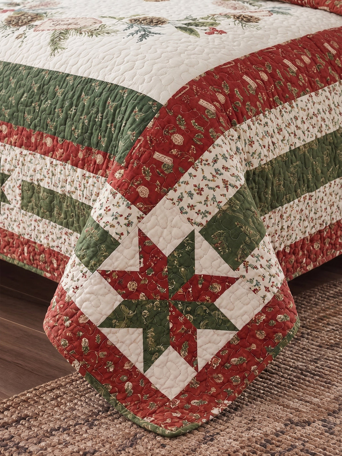 Vintage Christmas Star Patchwork Quilted 3-Piece Bedding Set