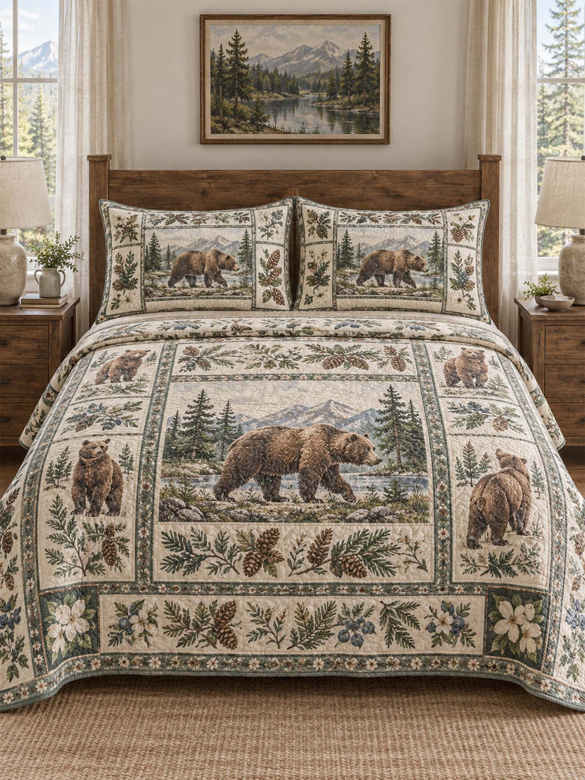 Mountain Bear Pine Forest Quilted 3-Piece Bedding Set
