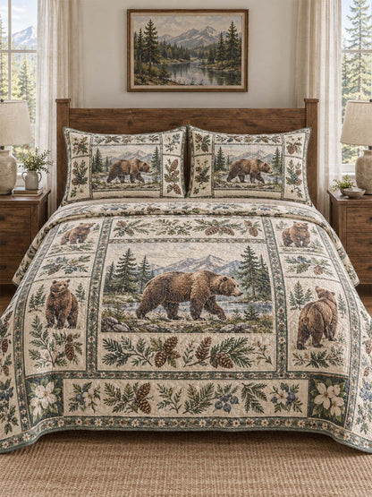 Mountain Bear Pine Forest Quilted 3-Piece Bedding Set