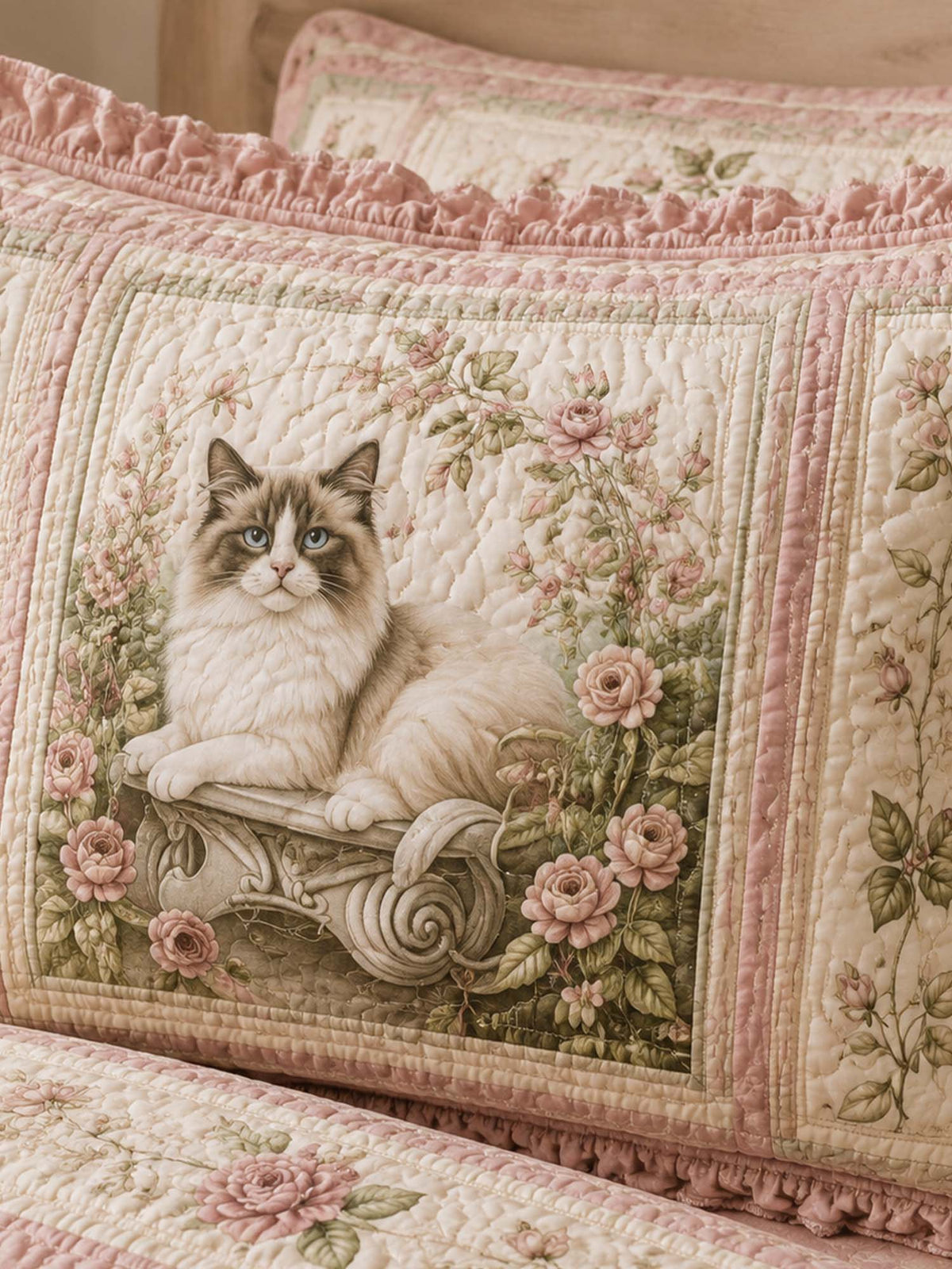 H.PAI Vintage Rose Cat Garden Quilted 3-Piece Bedding Set