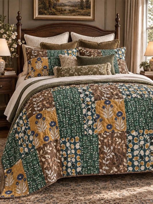 Botanical Floral Patchwork Quilted 3-Piece Bedding Set