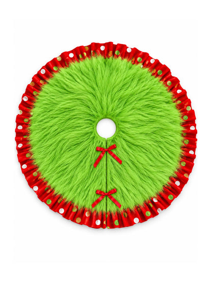 Whimsical Green Faux Fur Christmas Tree Skirt With Red Polka Dot Ruffle