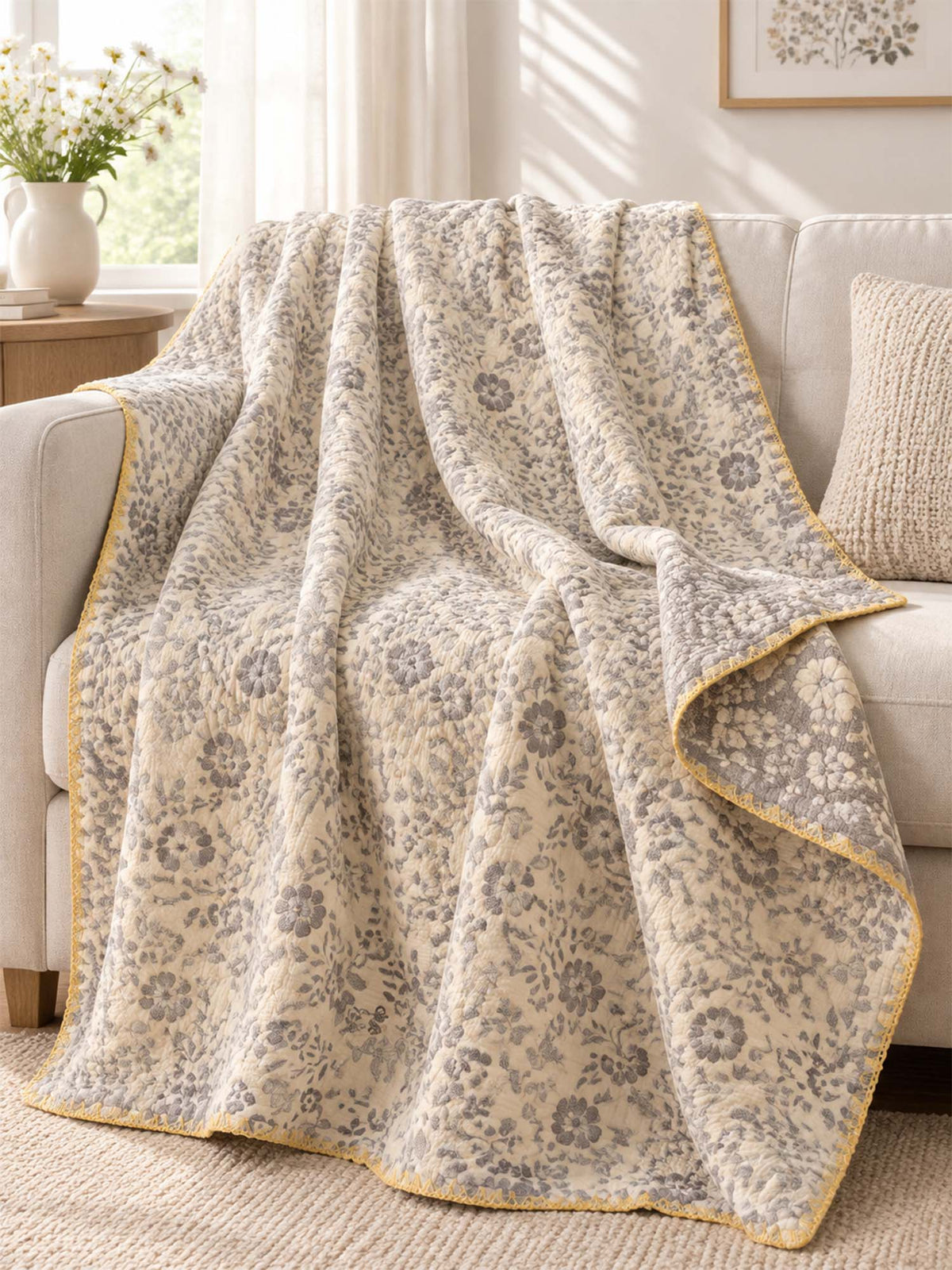 Vintage Floral Jacquard Quilted Throw Three‑Layer Gauze Cotton Blanket