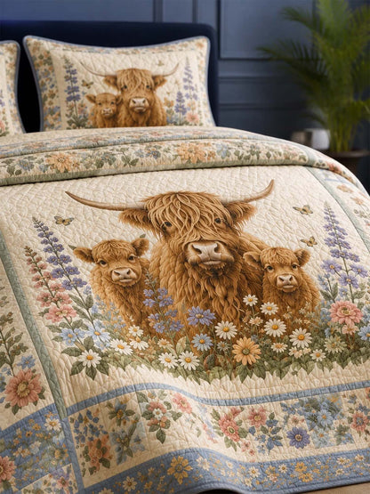 H.PAI Garden Highland Cow Gathering 3-Piece Quilted Bedding Set