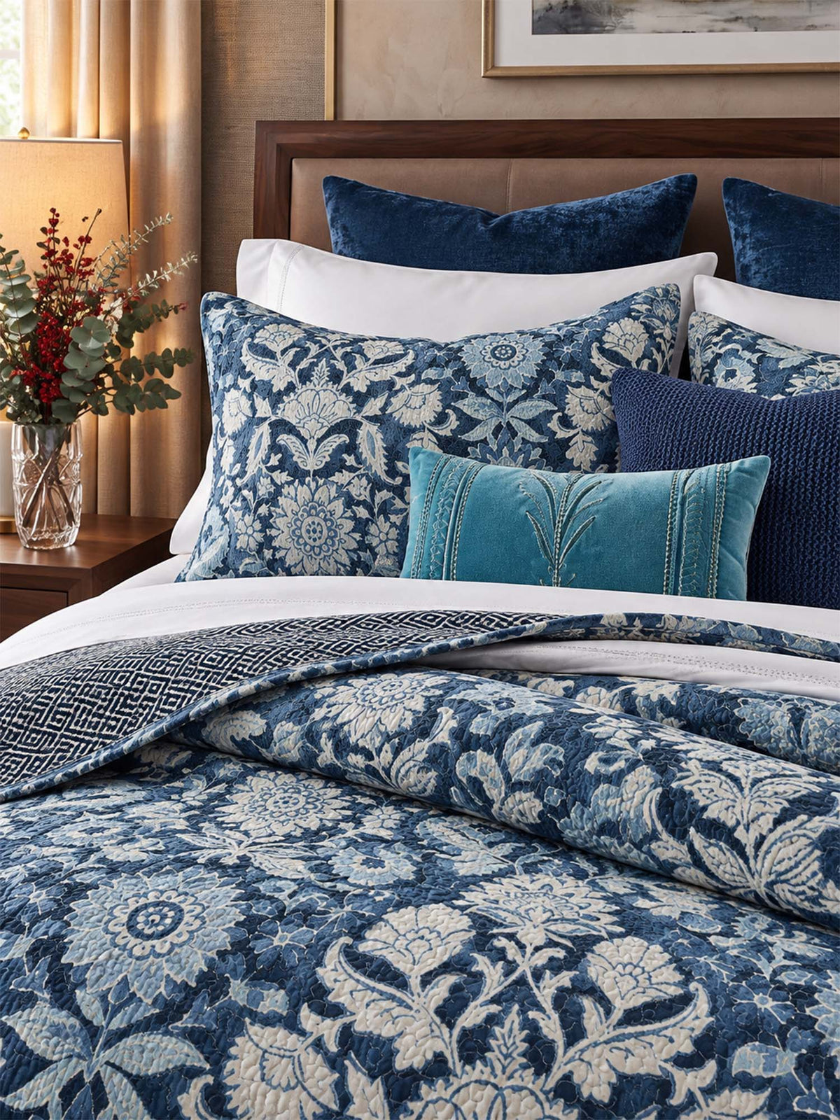 Indigo Botanical Tapestry Reversible 100% Cotton Quilted Bedding Set