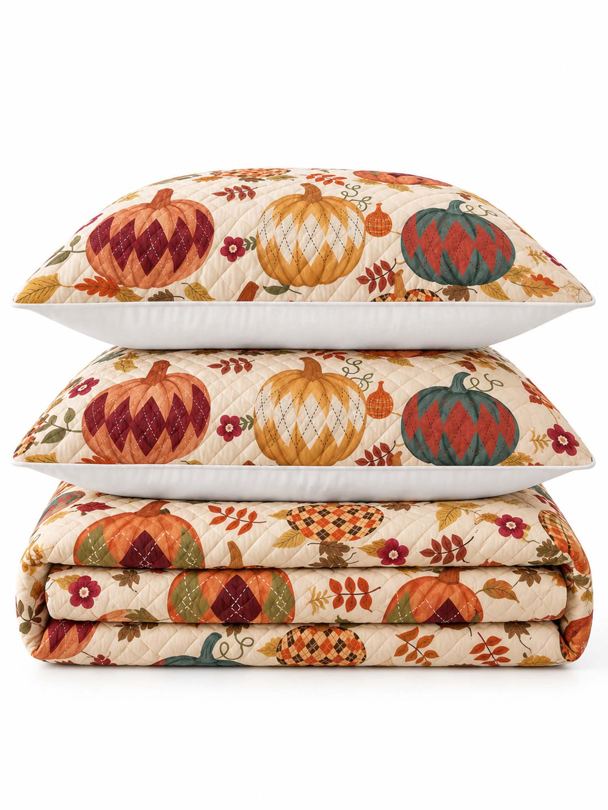 Argyle Pumpkin Autumn Harvest Quilted 3-Piece Bedding Set