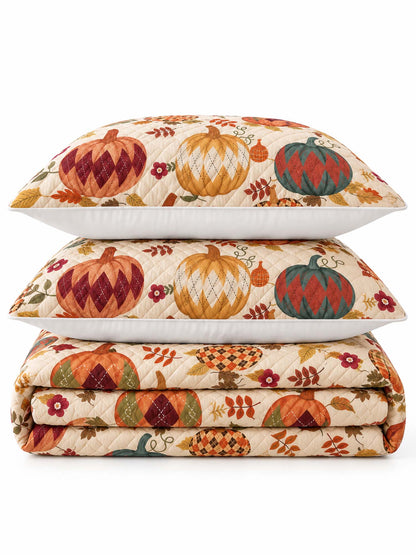 Argyle Pumpkin Autumn Harvest Quilted 3-Piece Bedding Set