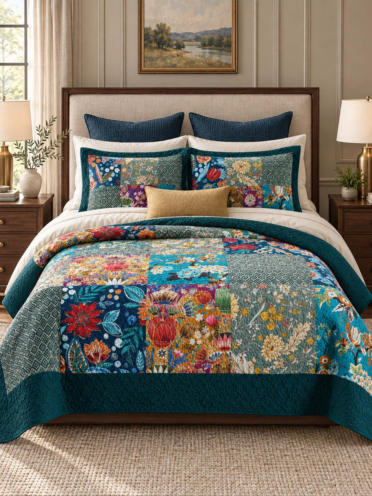 Teal Botanical Pieced Patchwork 100% Cotton Quilted 3-Piece Bedding Set