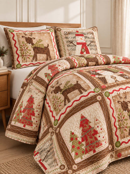 Rustic Reindeer Snowman Christmas Quilted 3-Piece Bedding Set