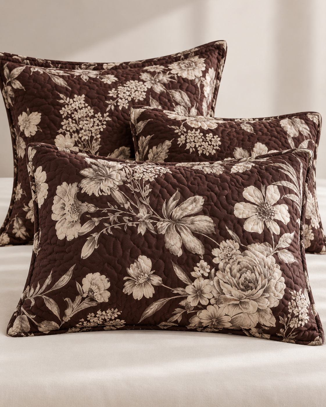 Mocha Vintage Floral Quilted 3-Piece Bedding Set