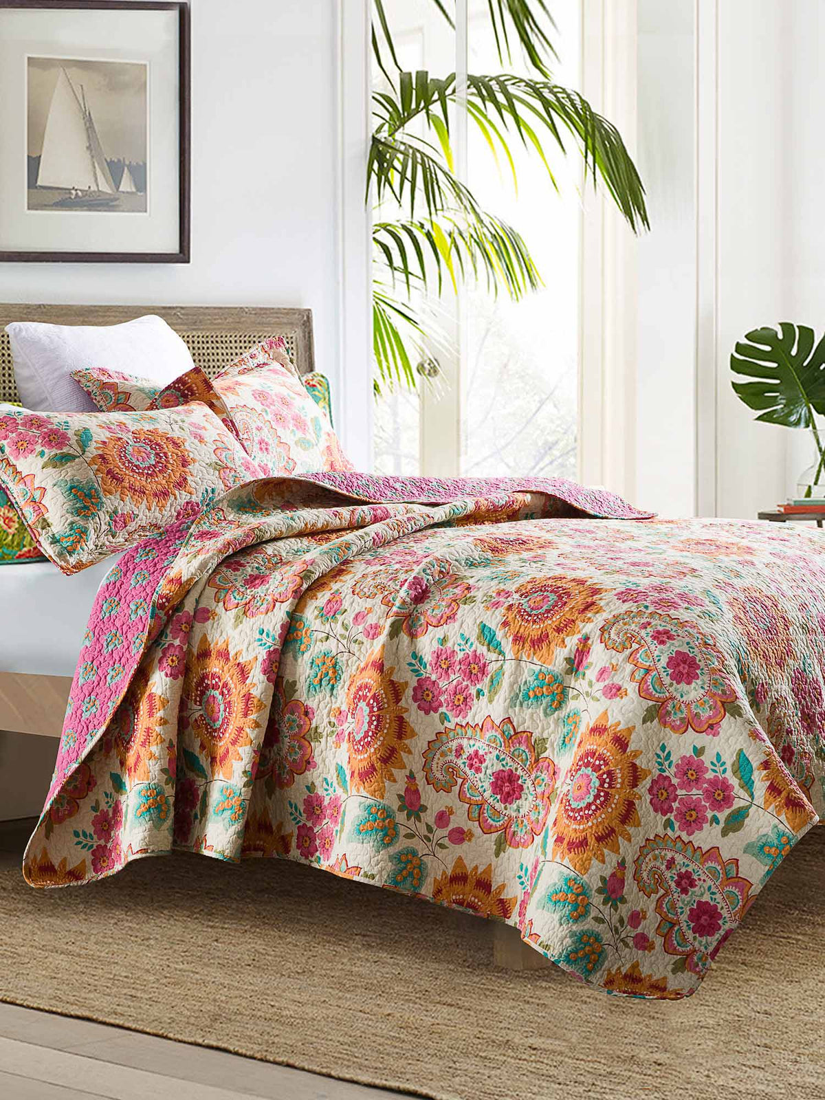 Boho Colorful Paisley Floral Patchwork Quilted 3‑Piece Bedding Set
