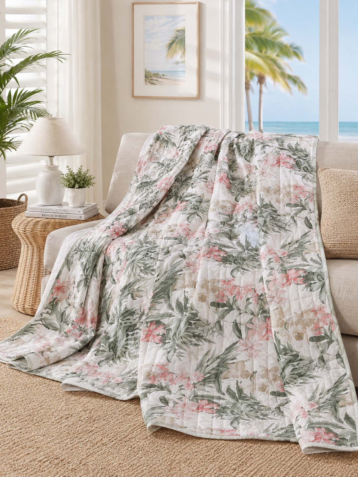 Blush Tropical Floral Garden Quilted Blanket