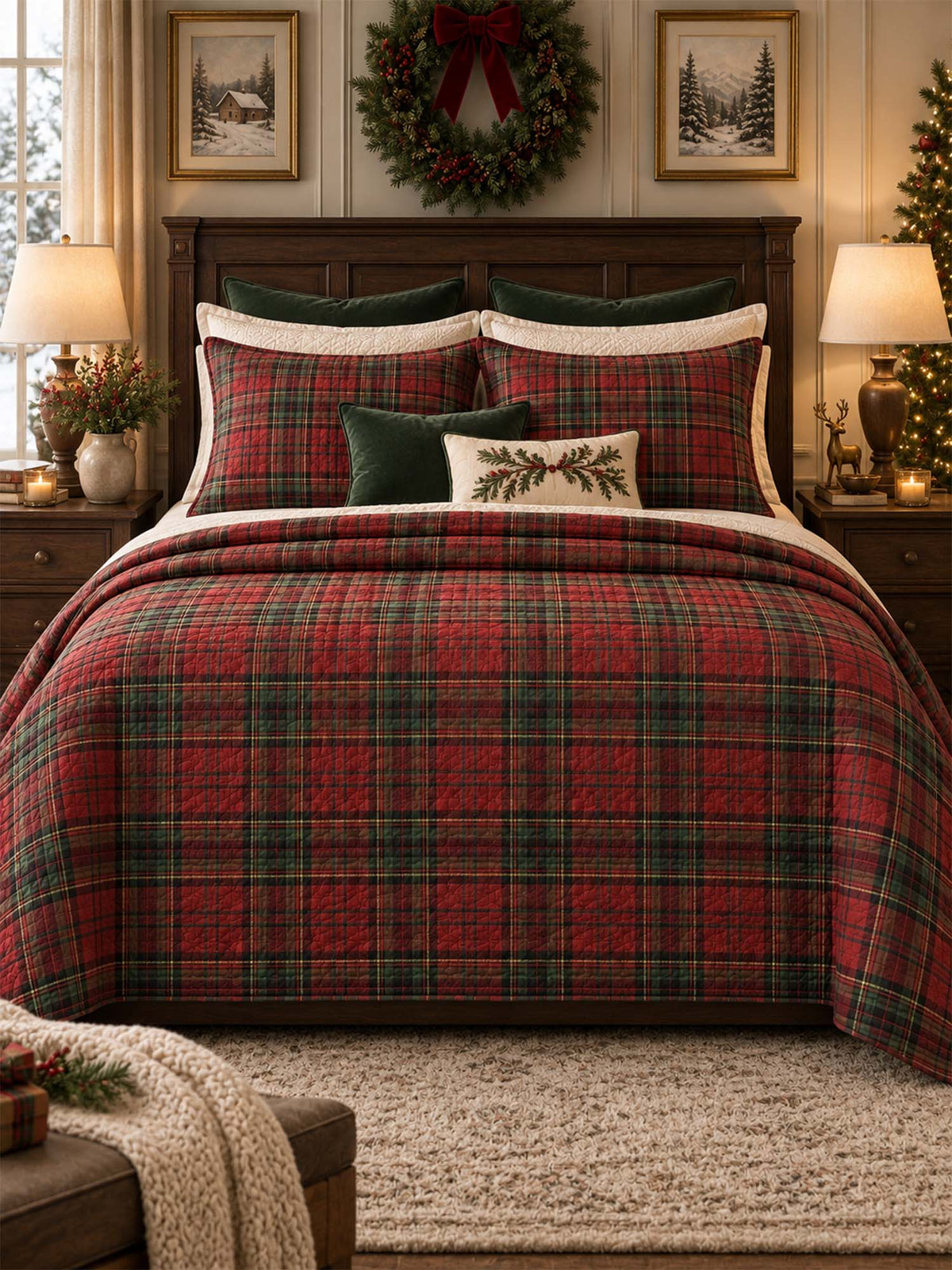 Christmas Tartan Plaid Quilted 3-Piece Bedding Set