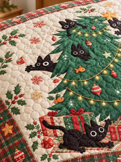 Playful Black Cats Christmas Tree Quilted 3-Piece Bedding Set